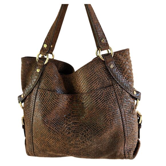Michael Kors Brown Snake Embossed Leather Hobo Bag Slouchy Boho Designer Purse - Picture 11 of 13